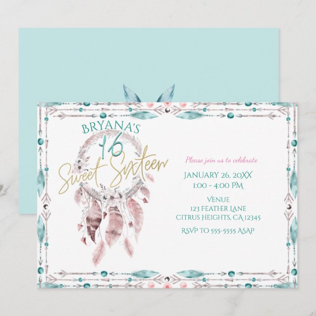 Invitación Feather Dream Catcher Verde azulado dulce rosa 16 (Anverso / Reverso)