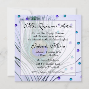 Invitación Feather Quinceanera Púrpura Glam Peacock Cumpleaño
