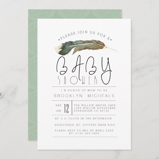 Invitación Feather Watercolor Baby Shower (Anverso / Reverso)
