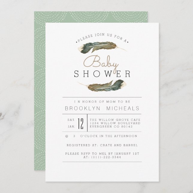 Invitación Feather Watercolor Baby Shower (Anverso / Reverso)