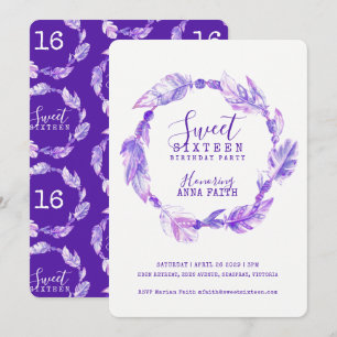 Invitación Feathers acuarela dulce dieciséis púrpura