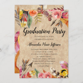 Invitación Feathers Arrows Flores Rustic Graduation Party