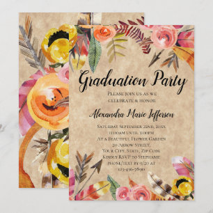 Invitación Feathers Arrows Flores Rustic Graduation Party