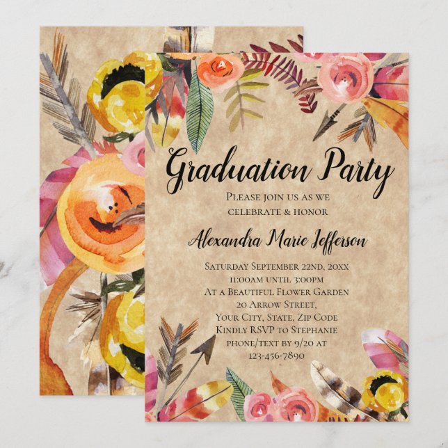 Invitación Feathers Arrows Flores Rustic Graduation Party (Anverso / Reverso)