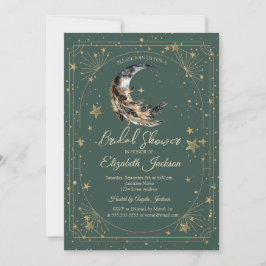 Invitación Feathers Moon Stars Frame Green Bridal Shower