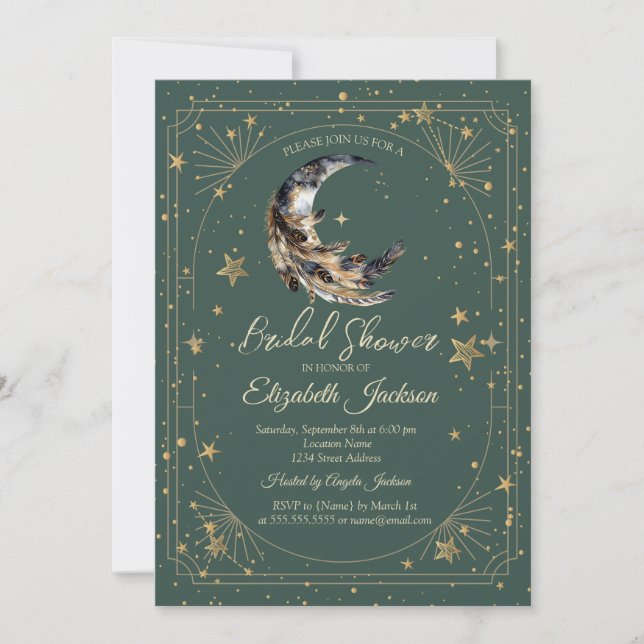 Invitación Feathers Moon Stars Frame Green Bridal Shower (Anverso)