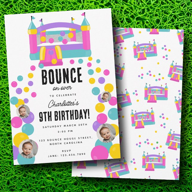 Invitación Febrero de 2014: Casa de Bonza Jumping Castillo Ch (Bounce House Jumping Castle Girls Photo Birthday Invitation)