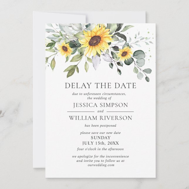 Invitación Fecha boda Aplazamiento Eucalyptus Sunflowers (Anverso)