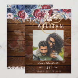 Invitación Fecha de AHORRO del Boda de encaje floral azul bor