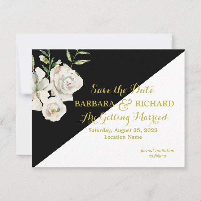 Invitación Fecha de ahorro del Boda floral blanco y negro (Anverso)