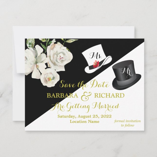 Invitación Fecha de ahorro del Boda floral blanco y negro (Anverso)