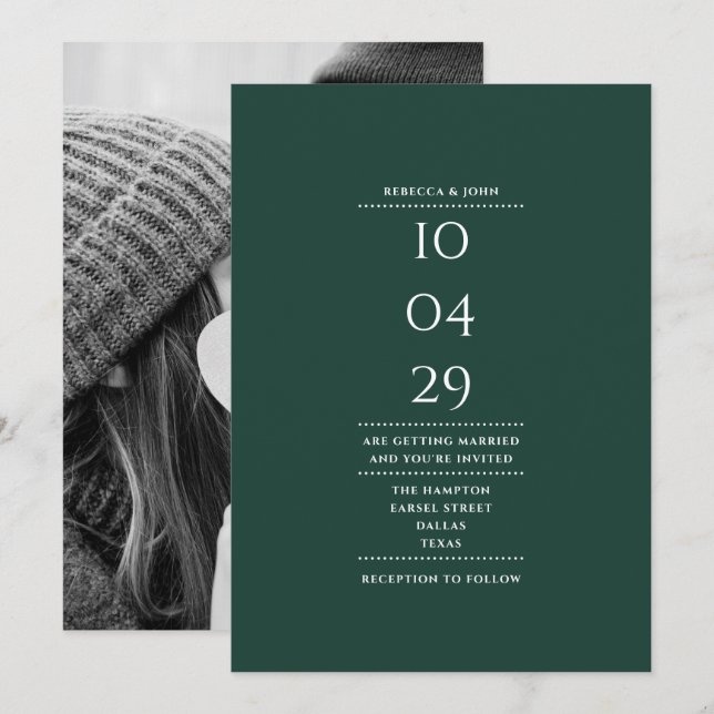 Invitación Fecha de Boda de fotografía verde de esmeralda min (Anverso / Reverso)