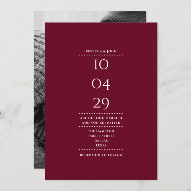 Invitación Fecha de Boda Minimalista Burgundy Foto (Anverso / Reverso)