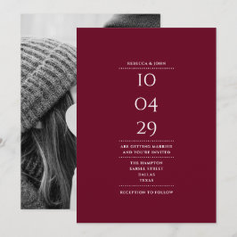 Invitación Fecha de Boda Minimalista en Foto Burgundy