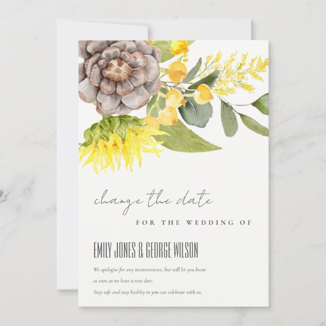 INVITACIÓN FECHA DE CAMBIO DE BODA FLORAL DE EUCALYPTUS SUNFL (Anverso)