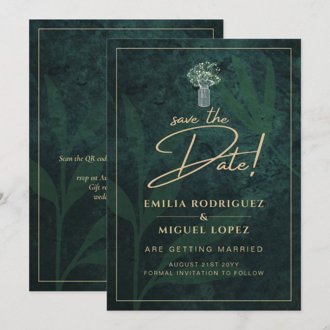 Invitación FECHA DE SALVACIÓN DEL Boda Gypsophila de oro verd (Anverso / Reverso)