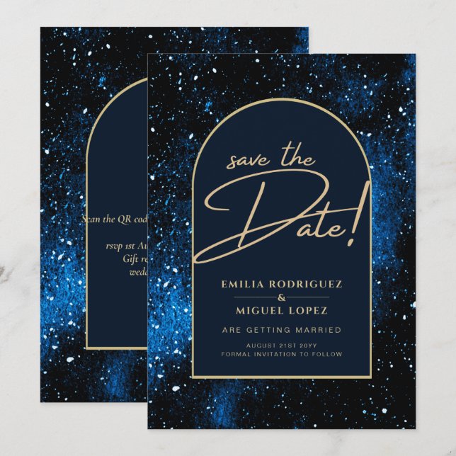 Invitación FECHA DE SALVACIÓN DEL Boda Oro Azul de la Marina  (Anverso / Reverso)