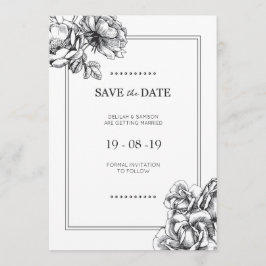 Invitación Fechas de boda florales grabadas en blanco y negro