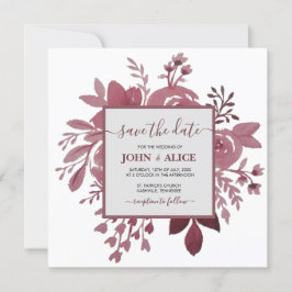 Invitación Fechas de bodas florales de acuarela en burgundy p