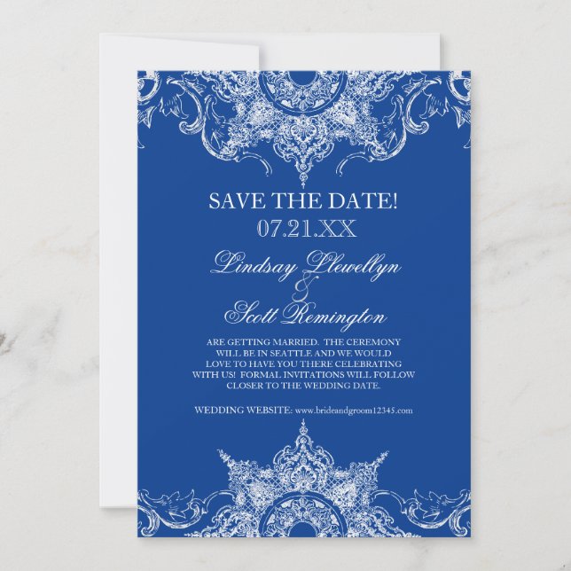 Invitación Fechas de guardado de Toile Damask con remolino Az (Anverso)