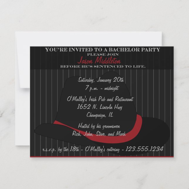 Invitación Fedora Gorra y Partido Bachelor Pinstripes (Anverso)
