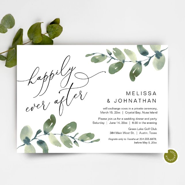 Invitación Felicemente para siempre, cena de fuga, vegetación (Happily Ever After, Post Wedding Elopement Dinner Invitation, Modern Romantic Greenery Eucalyptus)