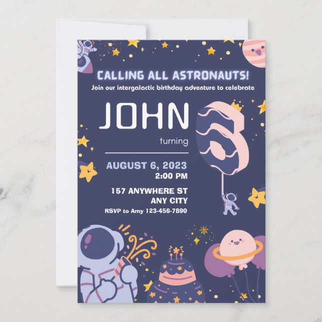 Invitación Felices Astronautas chicos 6 cumpleaños personaliz (Anverso)