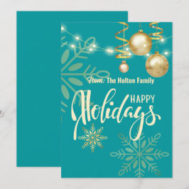 Invitación Felices fiestas copos de nieve y adornos dorados d