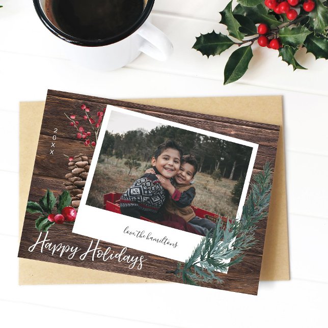 Invitación Felices Fiestas Rústicas- Madera y Foto Instantáne (Subido por el creador)
