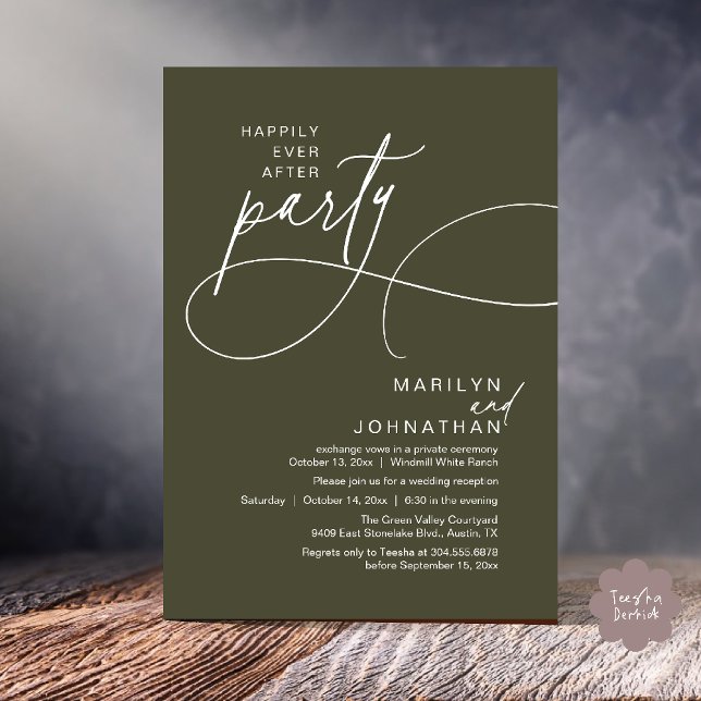 Invitación Felices para Siempre Cena de Boda Moderna y Elegan (Happily Ever After Modern Elegant Romantic Wedding Reception Dinner Invitation Card in Olive Green)