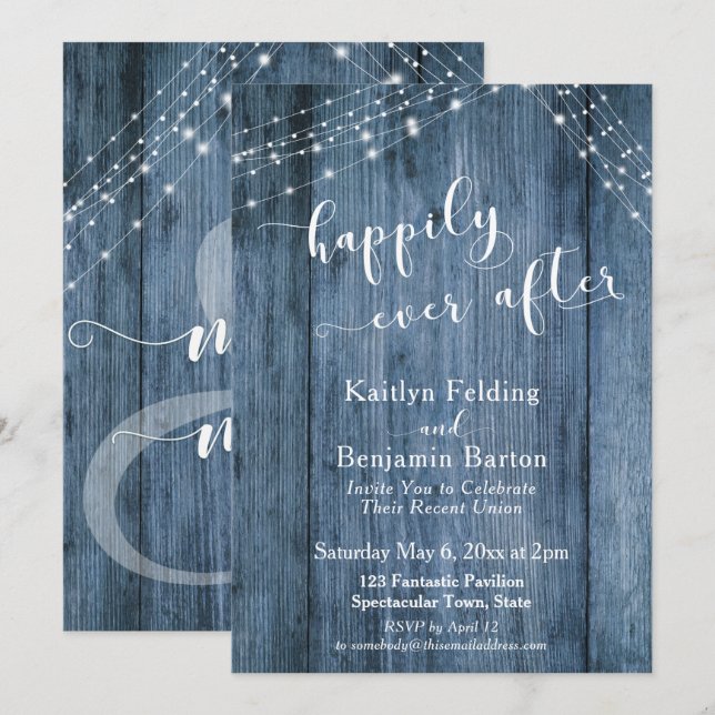 Invitación Felices para Siempre con Madera y Luces Azules Rús (Anverso / Reverso)