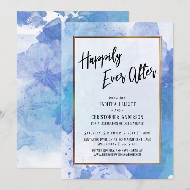 Invitación Felices para Siempre con Salpicadura Azul Abstract (Anverso / Reverso)