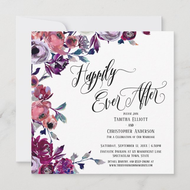 Invitación Felices para Siempre Elaborado Guión Flores Negrit (Anverso)
