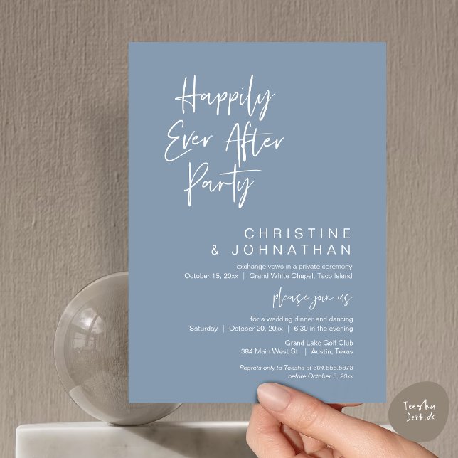 Invitación Felices para Siempre, Fiesta de Cena de Boda Moder (Wedding Happily Ever After Party Dinner Brunch Elopement Invitation Card, PDF, Dusty Blue)