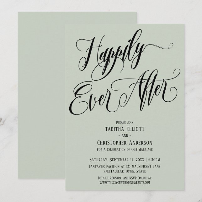 Invitación Felices para Siempre Guion Elaborado Verde Sage (Anverso / Reverso)