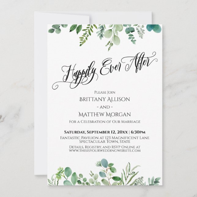 Invitación Felices para Siempre Verde Eucalipto Recepción (Anverso)