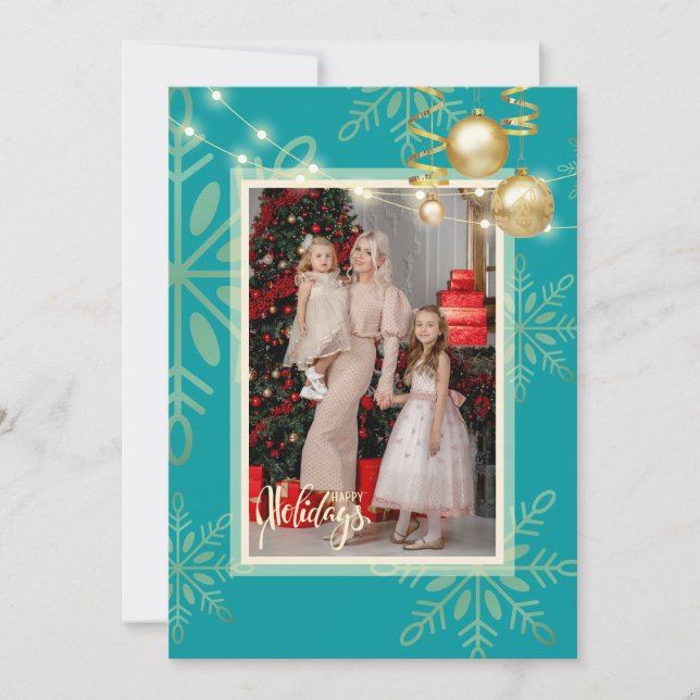 Invitación Felices vacaciones Navidades, copos de nieve dorad (Anverso)