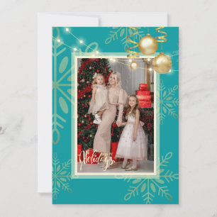 Invitación Felices vacaciones Navidades, copos de nieve dorad