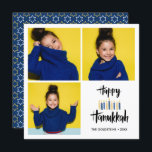 Invitación Felices Velas de Hanukkah | Fotos de vacaciones 3<br><div class="desc">Festividad Hanukkah Tarjeta de saludo con fotos de tres de tus fotos personales y "feliz hanukkah" con letras a mano estilo tipografía de pincel y velas en tonos azules y amarillos. Personalice el texto del personalizado con su nombre y año. Las tarjetas cambian a un patrón de estrellas blancas y...</div>