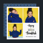 Invitación Felices Velas de Hanukkah | Fotos de vacaciones 3<br><div class="desc">Festividad Hanukkah Tarjeta de saludo con fotos de tres de tus fotos personales y "feliz hanukkah" con letras a mano estilo tipografía de pincel y velas en tonos azules y amarillos. Personalice el texto del personalizado con su nombre y año. Las tarjetas cambian a un patrón de estrellas blancas y...</div>