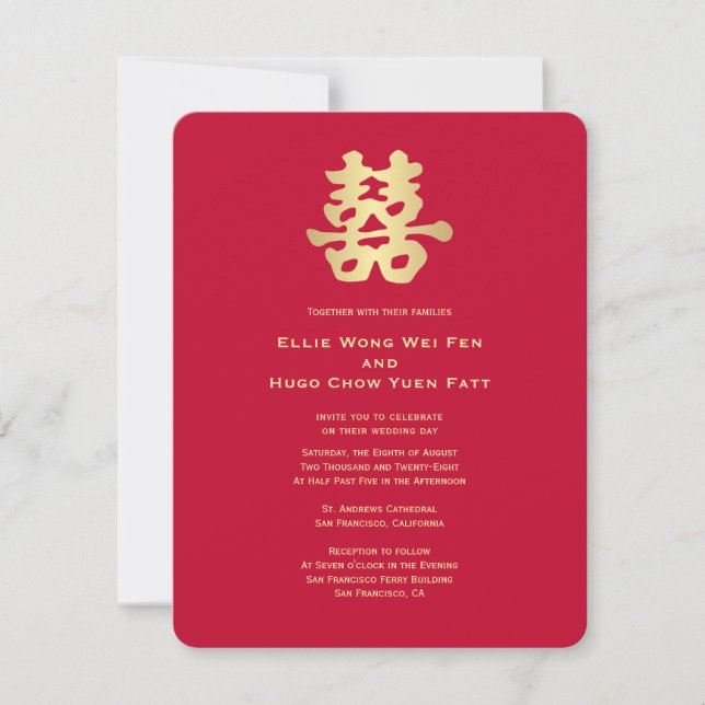 Invitación Felicidad doble dorada | Boda chino (Anverso)