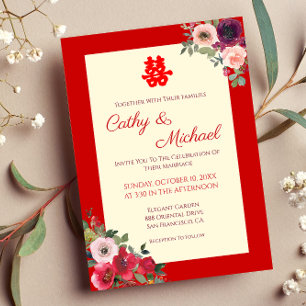 Invitación felicidad doble floral jardín rojo boda china