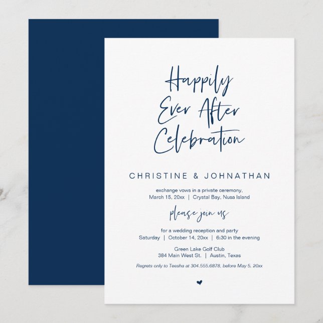 Invitación Felicidad Eterna, Azul Marino, Fuga (Anverso / Reverso)