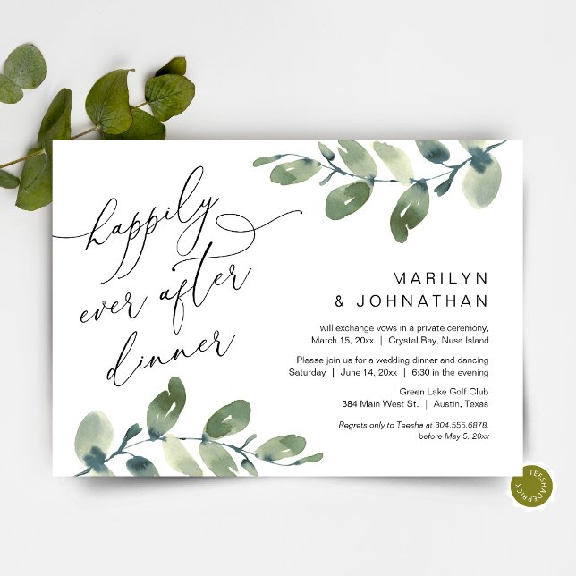 Invitación Felicidad Eterna Después de la Cena, Huida, Follaj (Happily Ever After Dinner, Elopement Party Invitation Card, Greenery Eucalyptus, Digital Download)