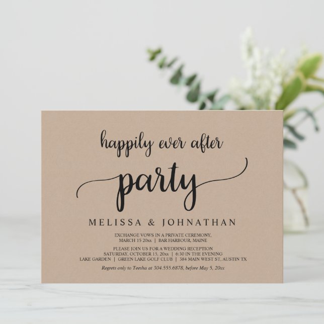 Invitación Felicidad Eterna, Fiesta de Boda Rústica y Fuga (Anverso de pie)