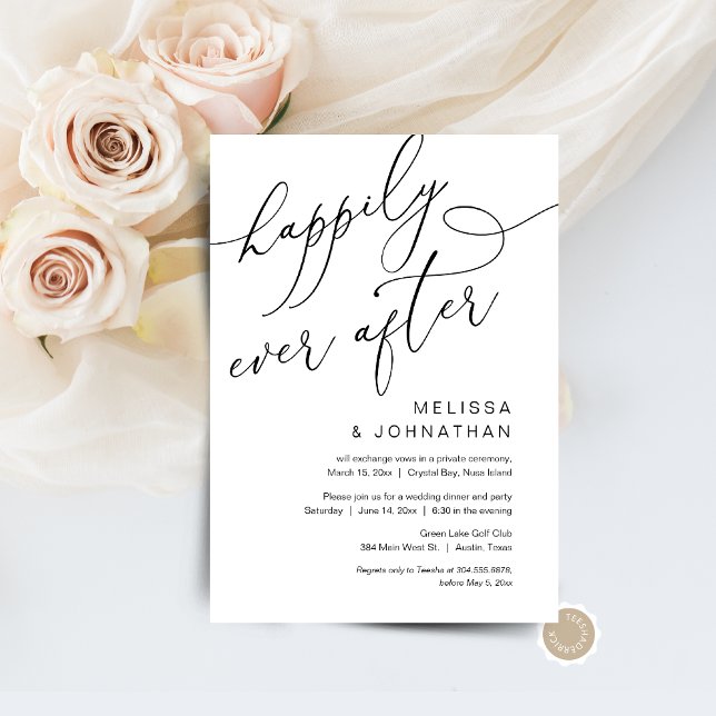 Invitación Felicidad Eterna, Fiesta de Cena de Boda Fugada (Happily Ever After, RomanticPost Wedding Elopement Brunch, Dinner, Party Celebration Invitation Card)