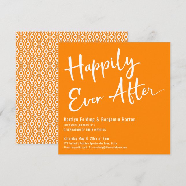 Invitación Felicidad Eterna Patrón Retro Blanco sobre Naranja (Anverso / Reverso)