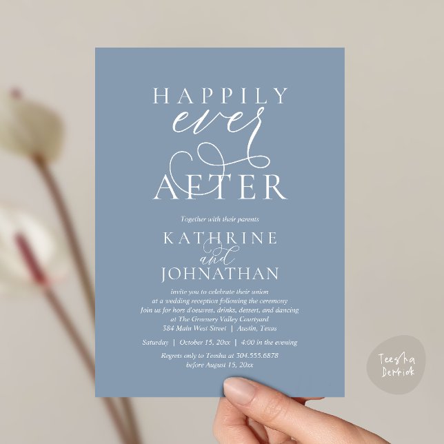 Invitación Felicidad Eterna, Recepción de Boda Moderna (Happily Ever After, Modern Wedding Reception hors d'oeuvres Drinks Dancing Invites Card Dusty Blue)