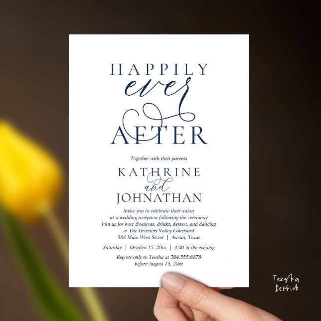 Invitación Felicidad Eterna, Recepción de Boda Moderna (Happily Ever After, Modern Wedding Reception Drinks Dessert Dancing Invitation Card in Navy Blue)