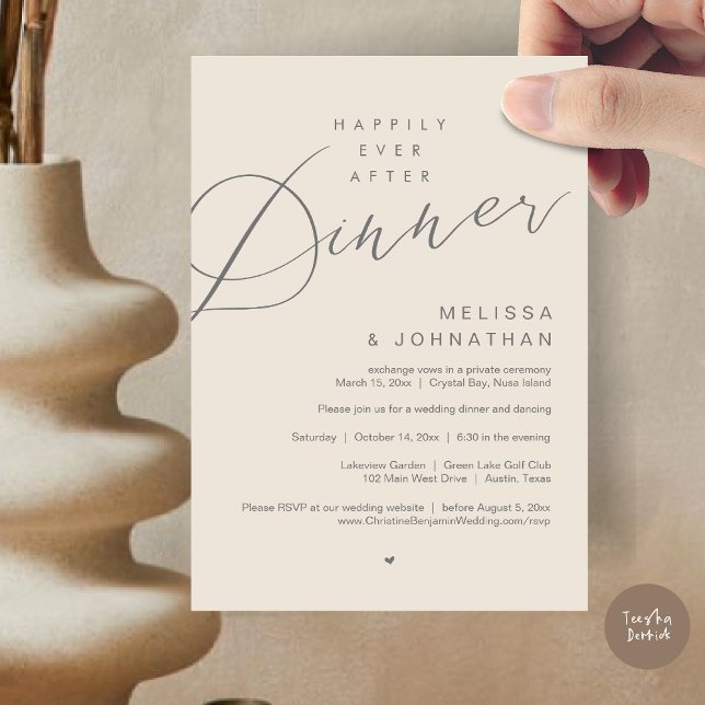 Invitación Felicidad por la cena después de la fiesta de la b (Happily Ever After Dinner Invitation Card, PDF, Modern Romantic Wedding Elopement , in Cream Grey)